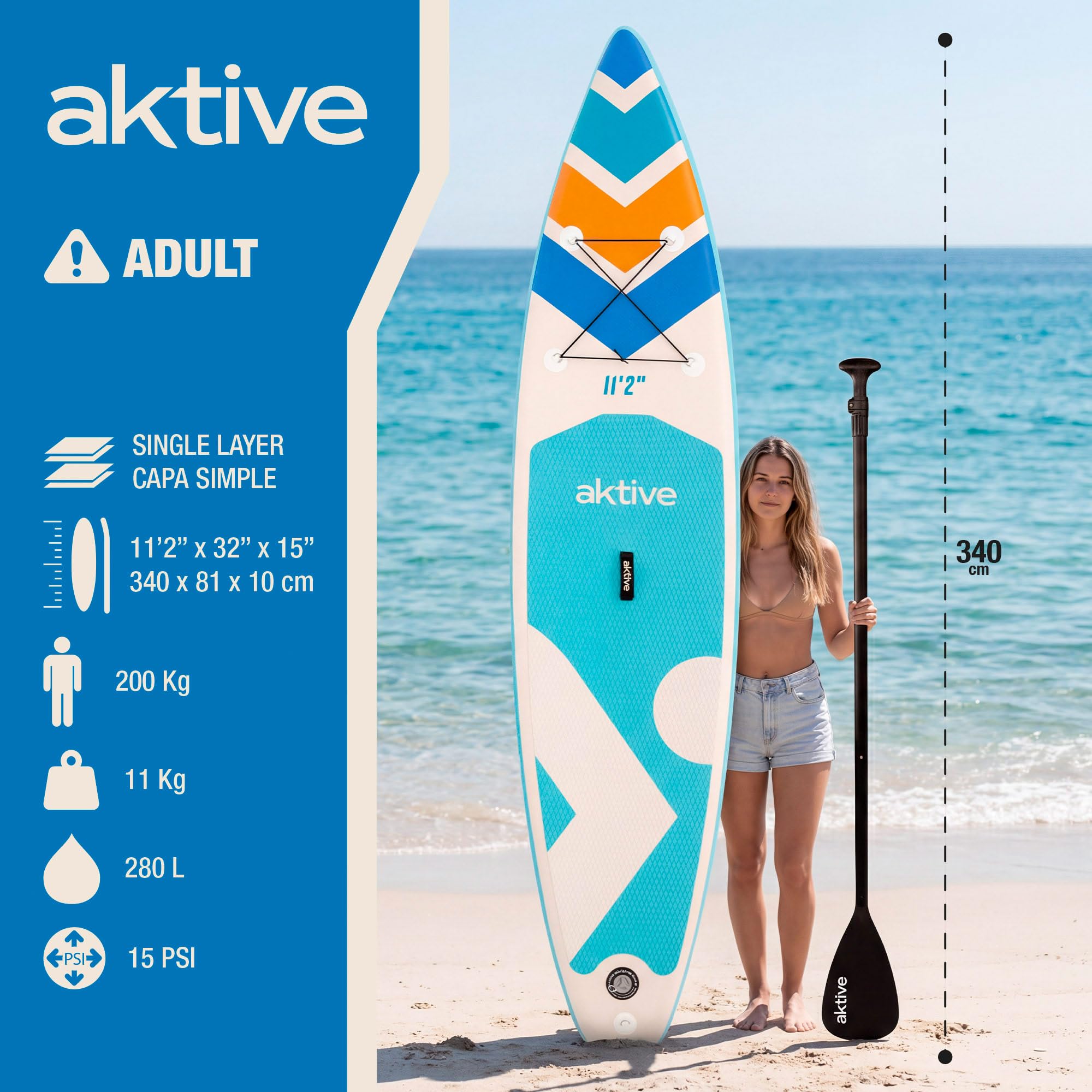 AKTIVE Tabla paddle surf hinchable, Adulto, 340x81x15 cm, Soporta 200 kg, Hinchador con manómetro, Remo ajustable, Kit reparación, Mochila transporte, Accesorios playa (54371)