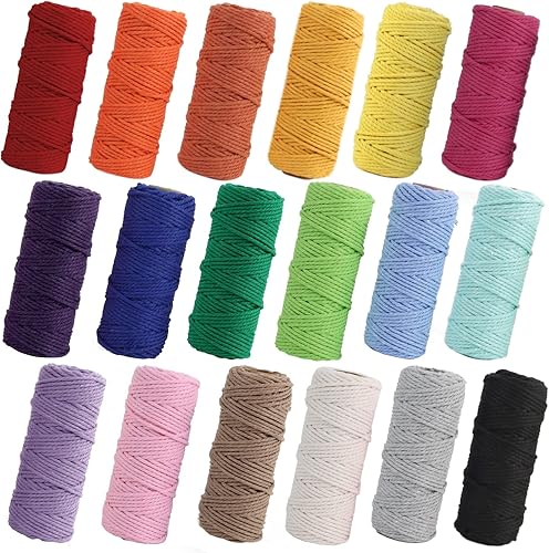 PHUNTTEK Cordón de macramé de 0.079 in x 590 yardas, 18 rollos de cuerda de algodón natural, 3 soportes de cuerda de yute, cuerda suave, hilos de