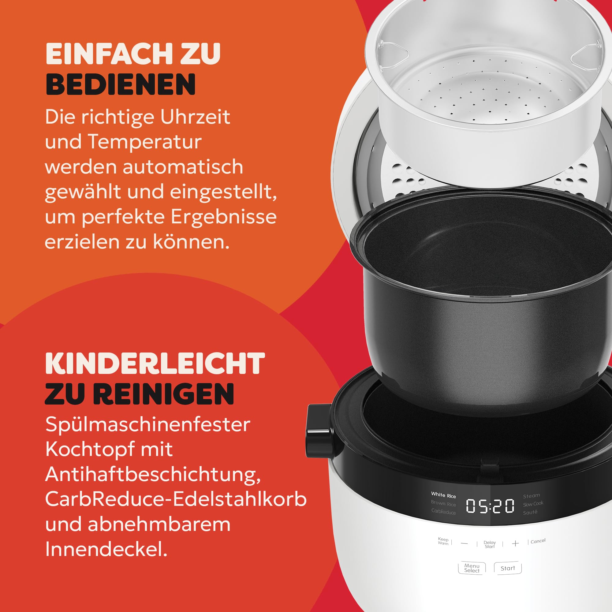 Instant Pot Reiskocher & Dampfgarer, 2,8 L (12 Tassen) – Antihaft-Kochtopf, spülmaschinenfest, Dämpfeinsatz aus Edelstahl, Messbecher, Reislöffel – mit Schongarer- und Sauté-Funktion
