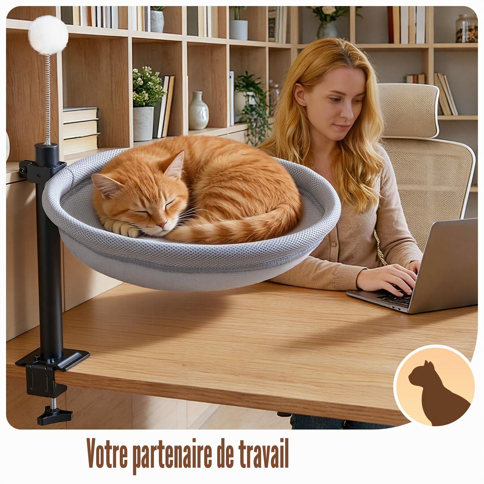 Lit de Bureau pour Chat, nid de Bureau pivotant à 360° et réglable en Hauteur avec Balle Suspendue Interactive, hamac pour Chat avec Housse Lavable pour Bureau à Domicile, supporte jusqu'à 40 lbs