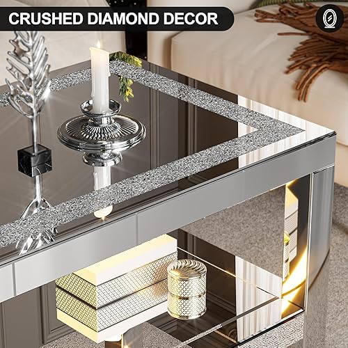Miniatura 24 de IKIFLY Mesa de centro con espejo con 2 niveles, mesa de centro rectangular 2 en 1 con diamante triturado, mesa de sala de estar plateada con patas