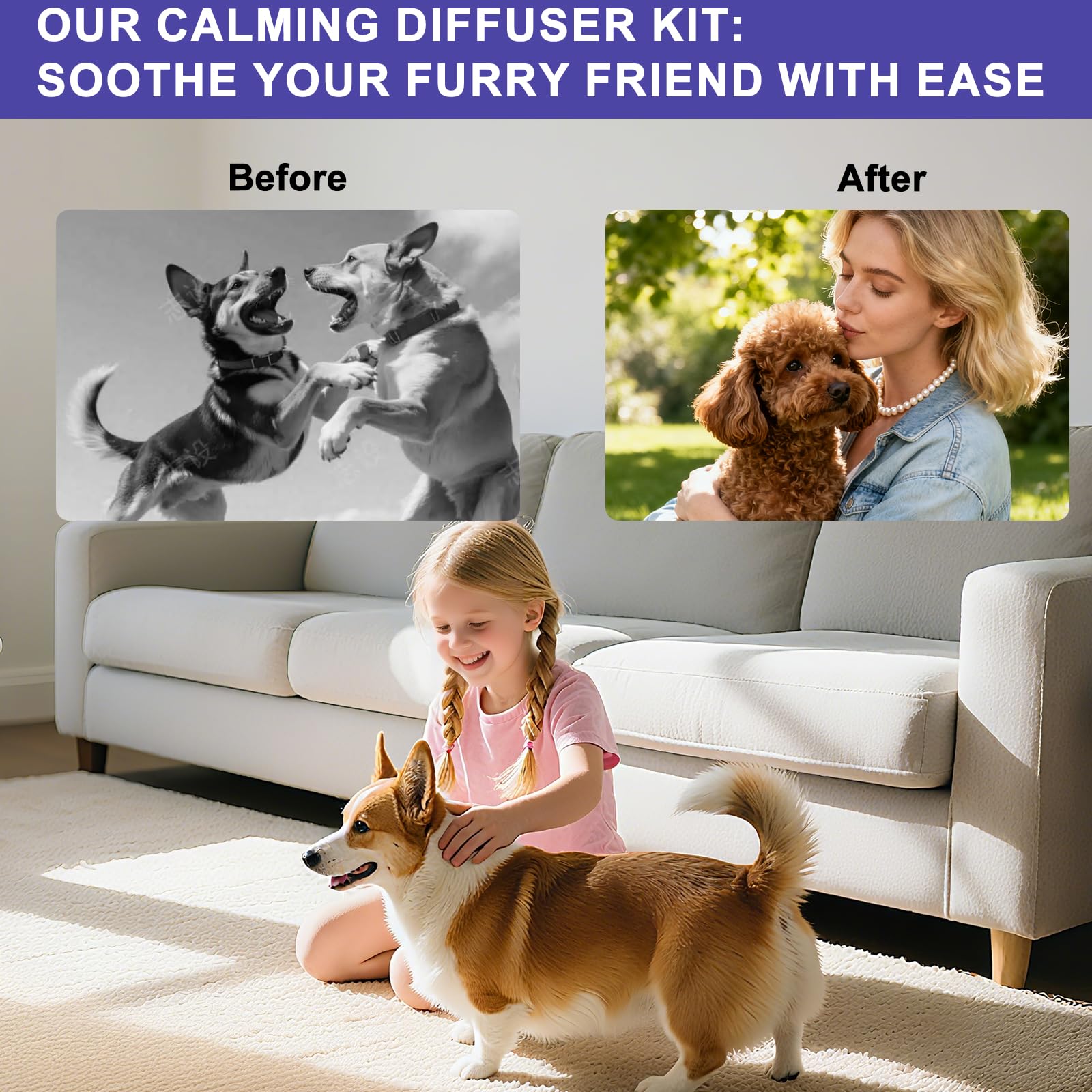 JJW Kit Diffuseur de Phéromones pour Chien 6-en-1 | 2 Diffuseurs + 4 Recharges (120 Jours) | Anti-Stress, Réduit Aboiement/Mordillage | Inodore & Sûr (01)