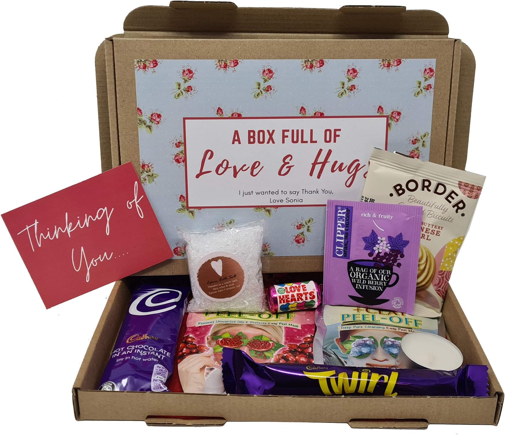 Personalised Pamper Treat Box Letterbox Gift Box Hug in a Box Drink Hamper - You got this, Anxiety Worry Take a break - Lockdown - Birthday, Thinking of You, Missing you (Floral - Thinking of you)