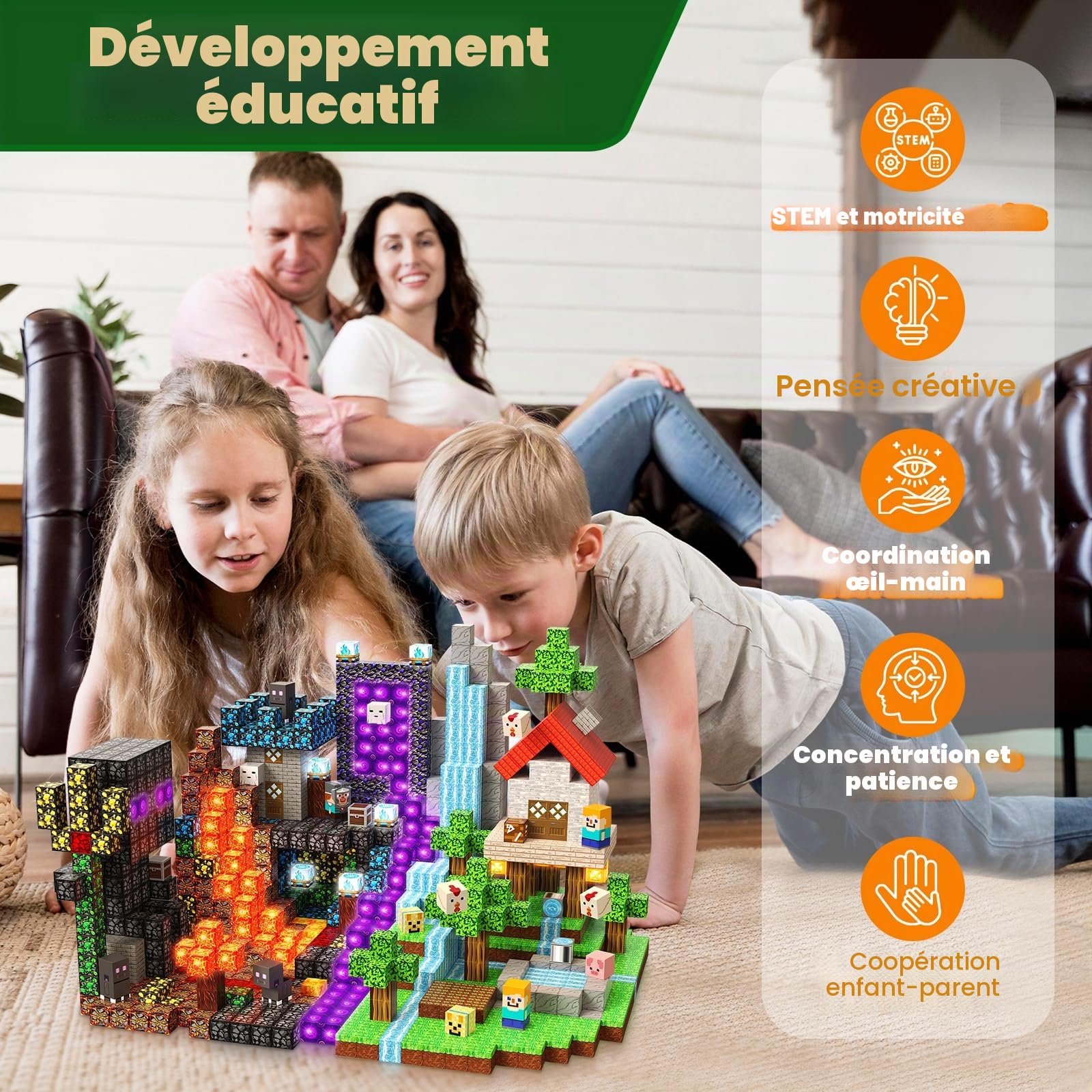 GraceDuck Construction Magnetique Enfant Set Forêt et Portail 200 Pièces - Lave et Rochers - Cube Magnétiques Créatifs Jouet de Construction Magnétique Montessori 3+ Ans - Magnetic Blocks Cadeau STEM