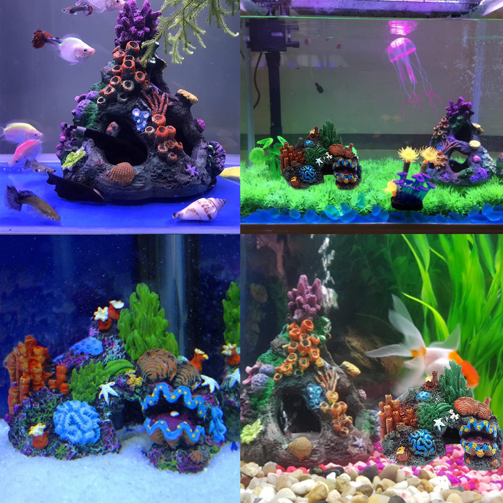 Tfwadmx Decoración de coral para acuario, pecera de resina, escondite de cueva de montaña, escondite de peces betta, decoración de arrecife de roca, paquete de 2