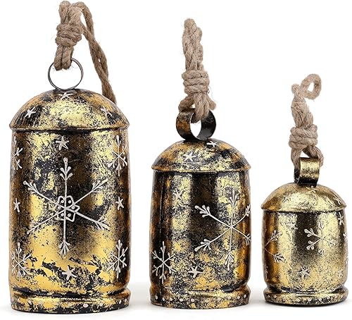 Miniatura 17 de Juego de 3 campanas de vaca colgantes rústicas gigantes, estilo vintage, con cuerda de yute para pomo de puerta, campanas de bruja para protección