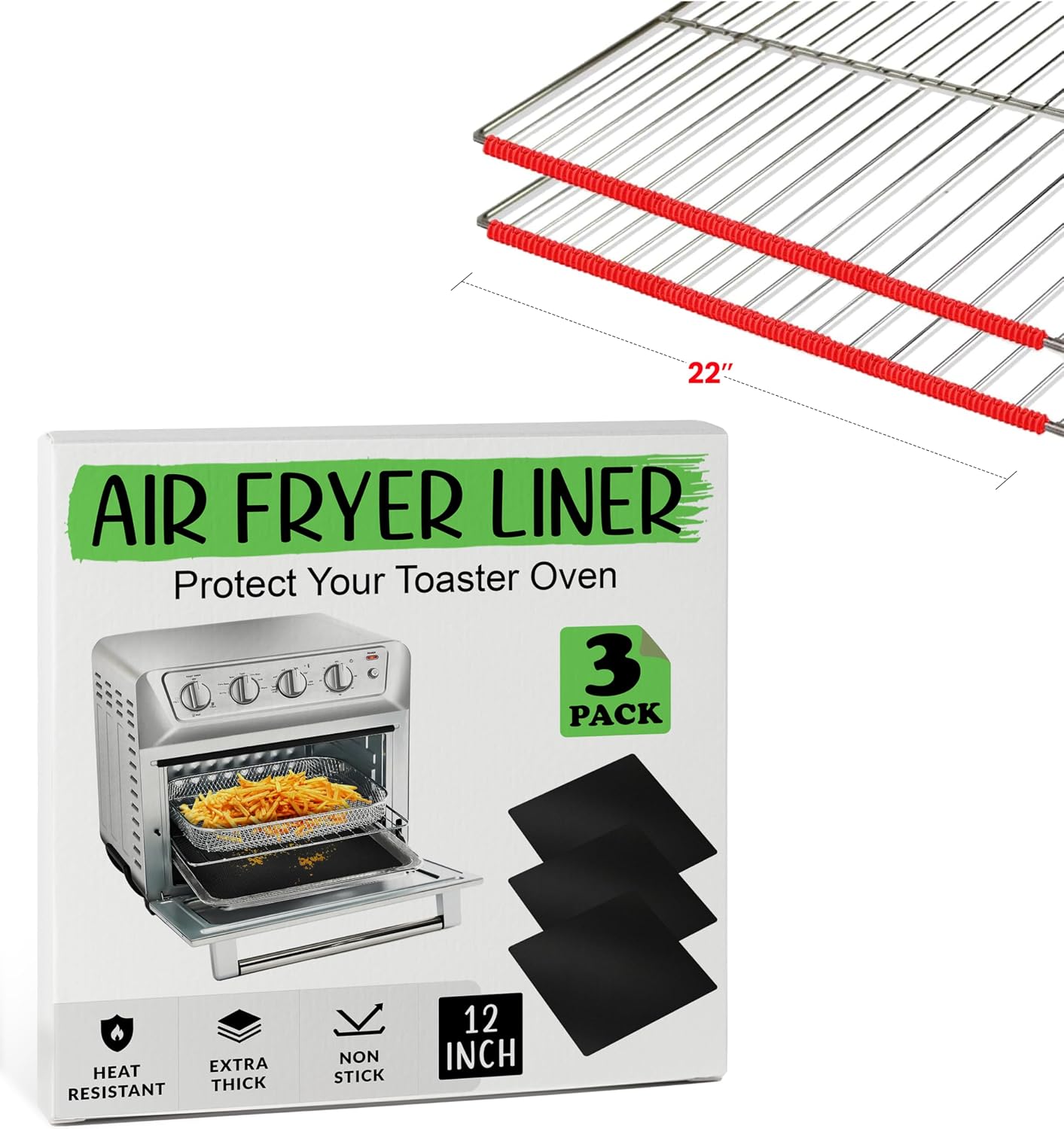 Toaster Oven Liners Reusable for Ninja Air Fryer Bottom Heat Resistant Mat 3 Pack, Oven Rack Shields Extra Long 22” Red 2 Pack, Heavy Duty Nonstick Square Air-Fryer Mats & Silicone Rack Covers