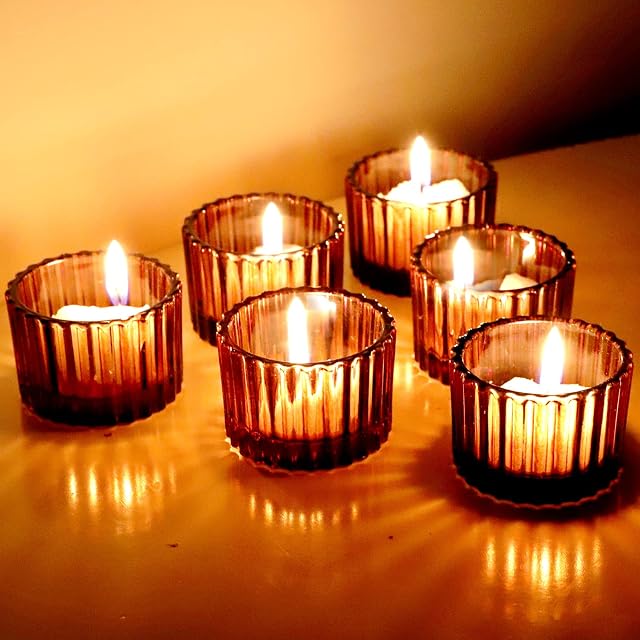 Tea Light Holders Glass Set of 12, 5 x 3.5cm Small Votive Candle Holder Home Decor, Clear Tealight Holders (Brown)
