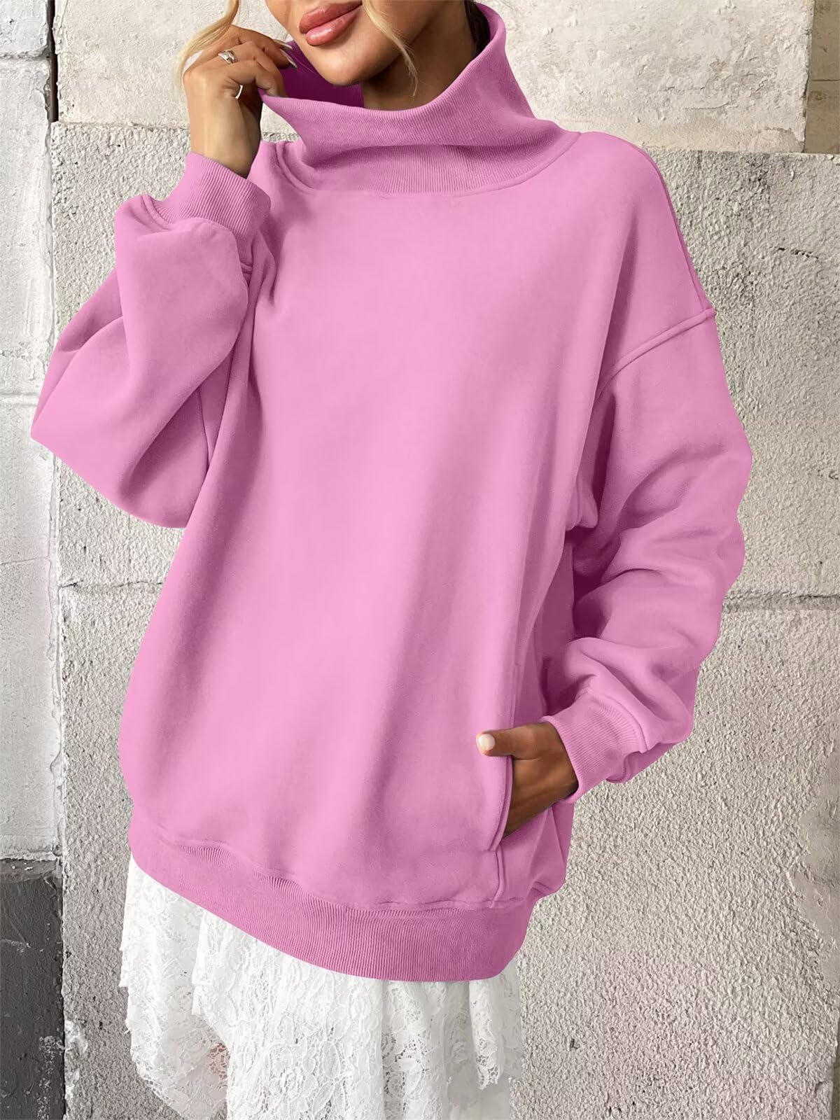 Tomwell Sudaderas de forro polar para mujer con bolsillos, cuello de tortuga, de moda, de manga larga, para otoño