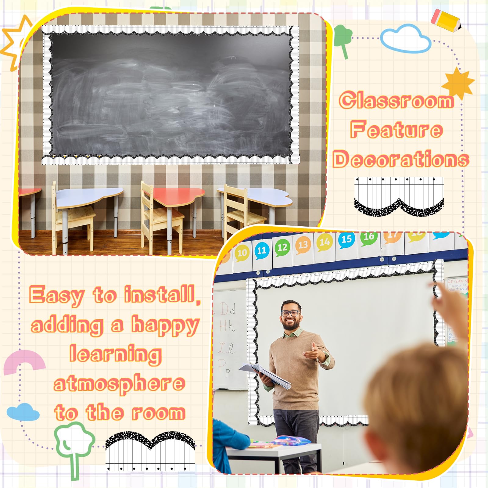 Cuaderno de 68.9 pies para el regreso a clases, rollo de boletines para el aula, bordes de papel para cuadernos de regreso a clases, decoración de pizarra