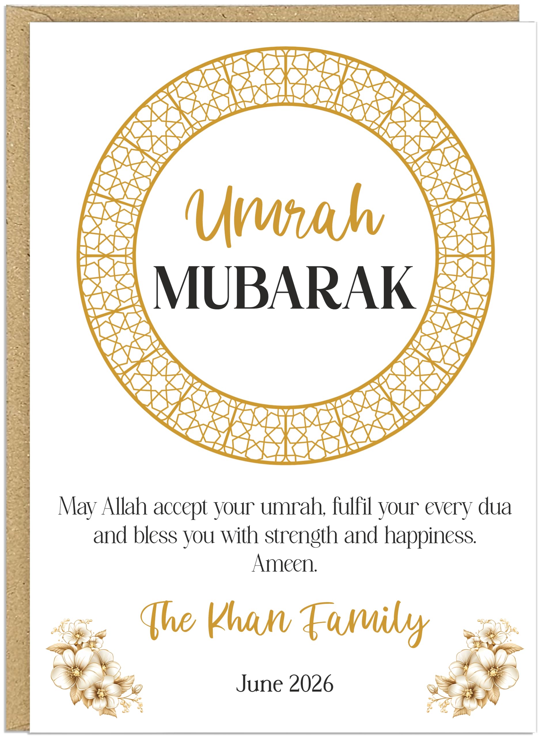 Umrah Mubarak Card Personalised Family Name & Date - Kaaba Mosque Designs - May Allah Accept Your Umrah Dua Strength Happiness - Muslim Celebration A5 Greeting Card (Design 7)