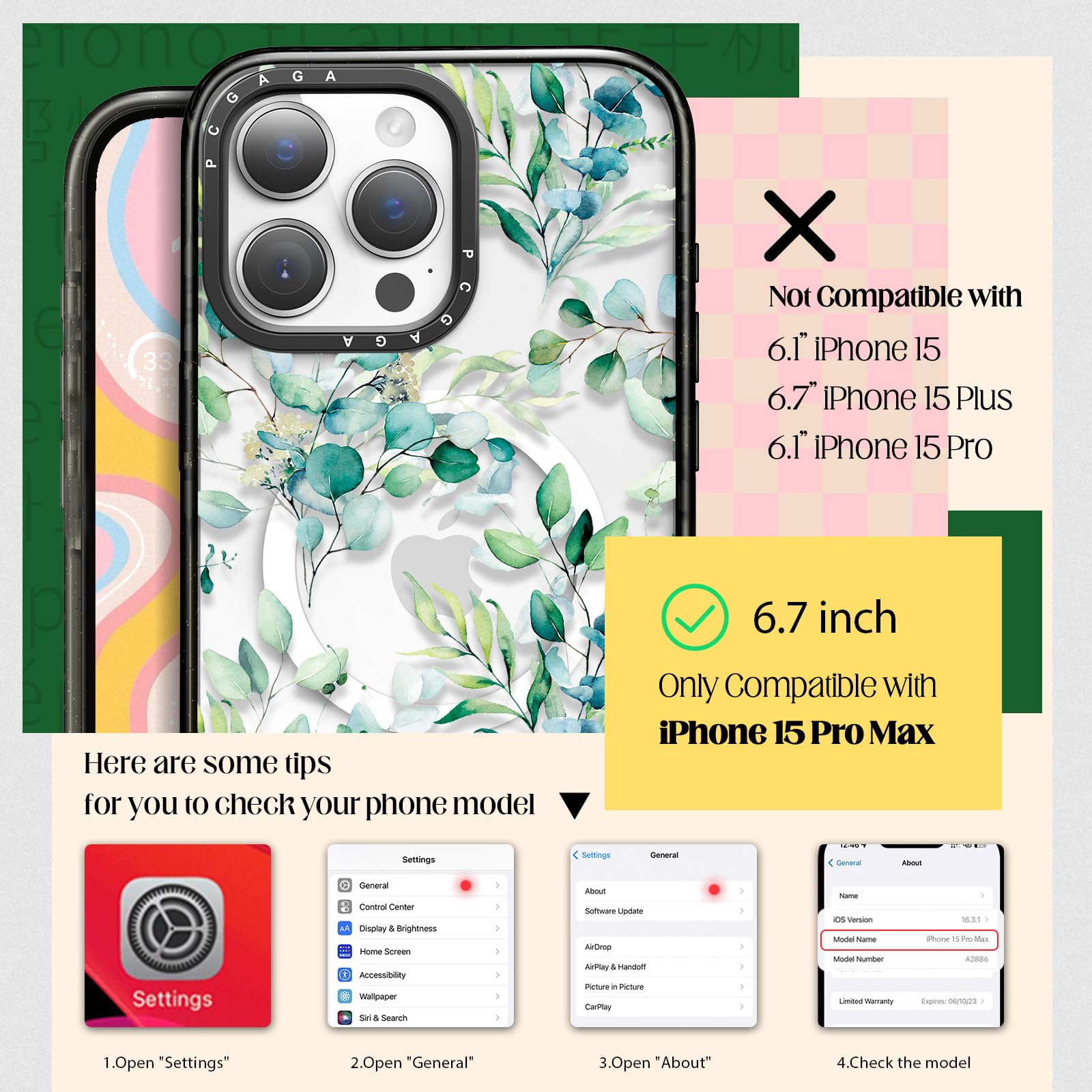 pcgaga Phone Case (Eucalyptus, for iPhone 15 Pro Max 6.7") - Image 2