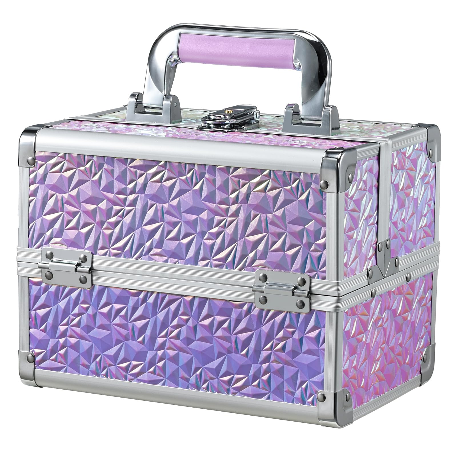 Photo 1 of Joligrace Makeup Train Case Makeup Case Organizer Portable Cosmetic Box Storage with 2 Trays Mirror Locking with Keys Make Up Travel Case Nail Kits Traveling Makeup Box Shiny Purple