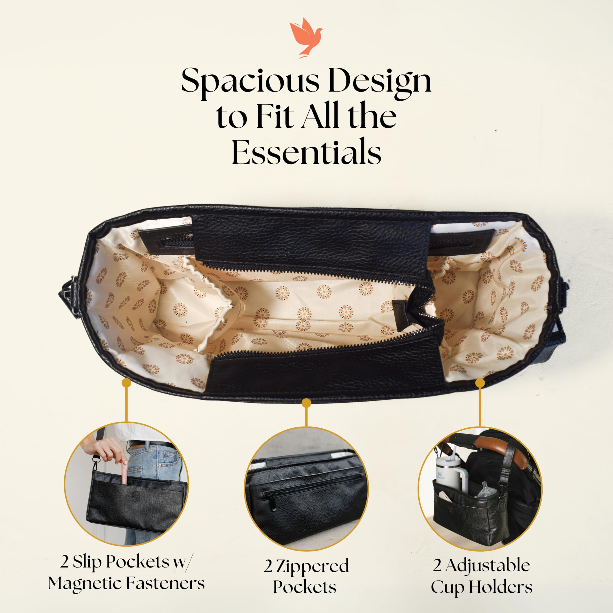 Organizer universale per passeggino con portabicchieri, in finta pelle con cerniera superiore, borsa organizer per passeggino con cerniera superiore e chiusura magnetica