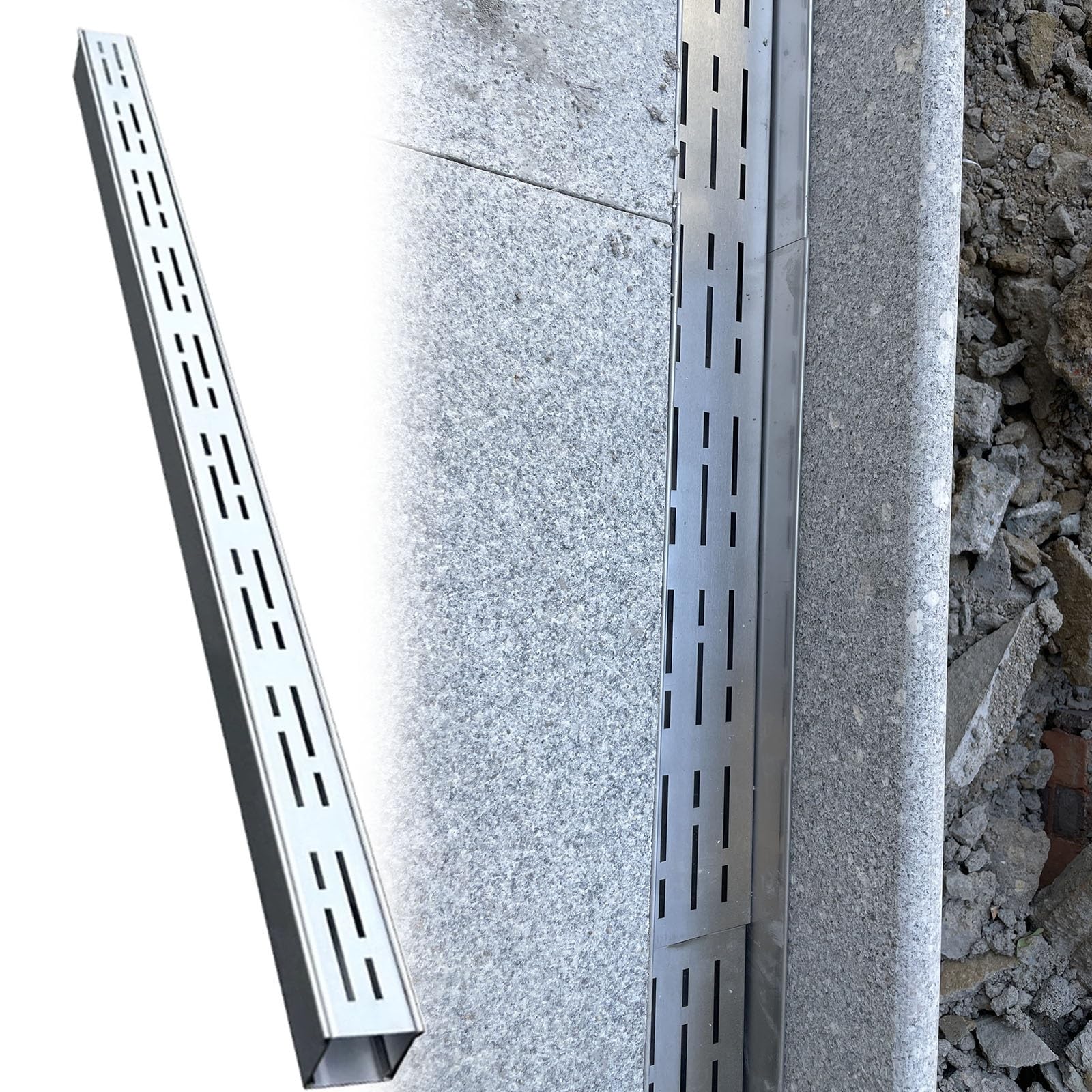 Krajobrazowy rów odpływowy premium – betonowy żwir kanał odpływowy z metalowymi zaślepkami, wąski system rynny wodnej, niewidoczny odpływ podłogowy (szer. 50 mm x wys. 30 mm)