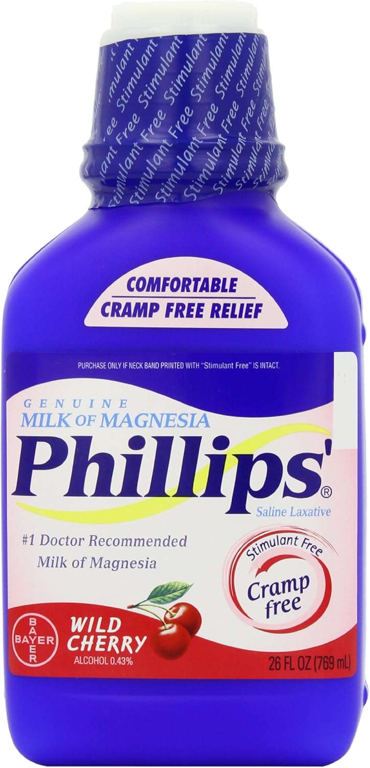 Phillips' Milk of Magnesia Liquid Laxative, Wild Cherry, 26 oz, Cramp Free & Gentle Overnight Relief of Occasional Constipation, 1 Milk of Magnesia Brand (Pack of 6)
