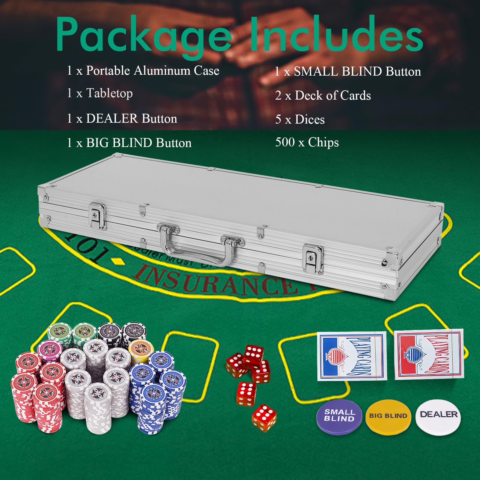 HOMASIS Juego de póquer con fichas láser, Estuche de póquer con 2 mazos de Cartas, 5 Dados, 1 botón de crupier, Juego de póquer con Cerradura, Cartas de póquer para Fiestas (Plata, 500 fichas láser)