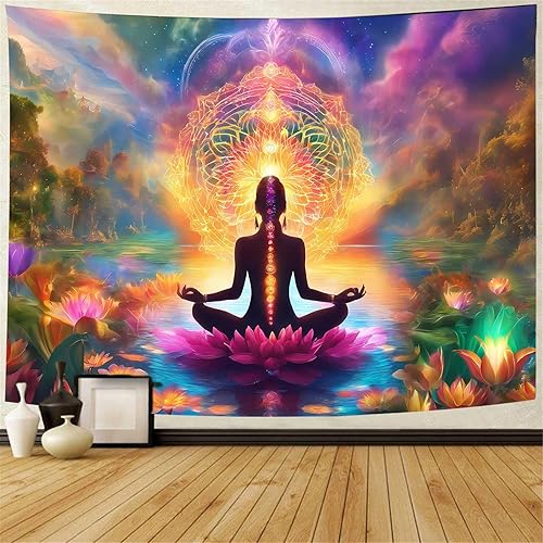 Miniatura 1 de NTERC Tapiz de meditación de yoga, hippy dios, buda, chakra, tapiz de loto morado, paisaje espiritual psicodélico, decoración de pared, tamaño