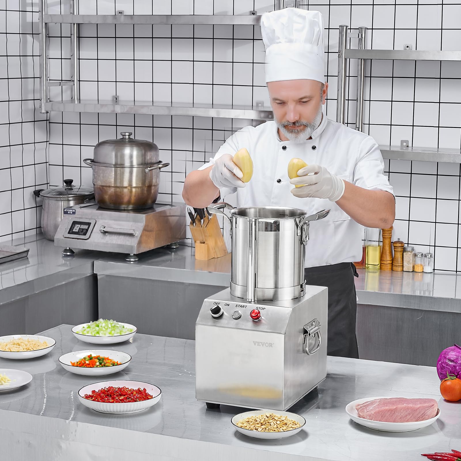 VEVOR Procesador de Alimentos y Picadora de Verduras, Acero Inoxidable de Grado Alimenticio 4 L con 2 Cuchillas Curvas S Adicionales, para Picar Verduras, Frutas, Granos y Nueces, 300 x 300 x 475 mm