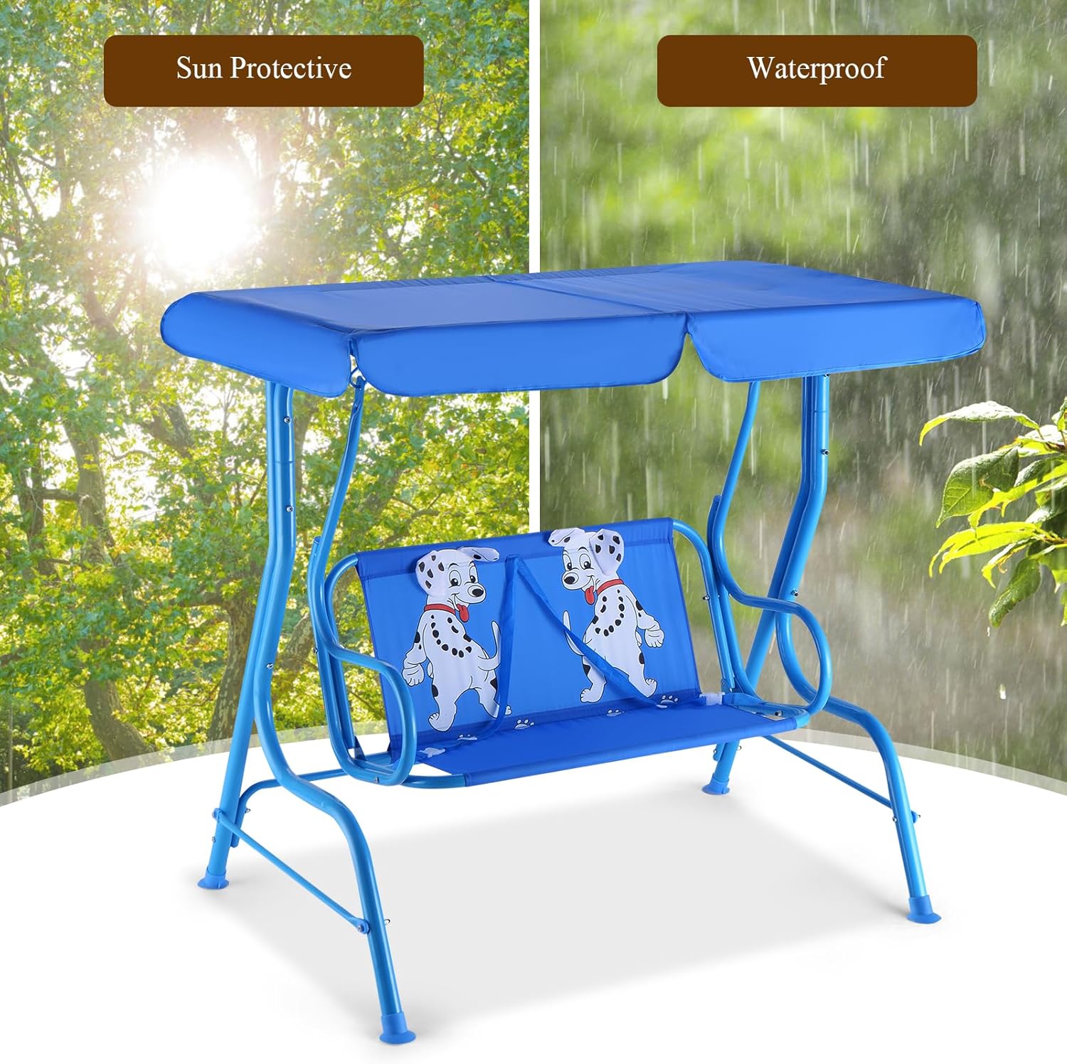 GLACER Porch Swing, Kids Patio Hammock w/Adjustable Canopy & Stand, Safety Belt, 2 Seats Outdoor Swing Bench, Metal Frame Hanging Lounge Chair, Swing Sets for Backyard, Garden, Poolside (Blue Puppy)