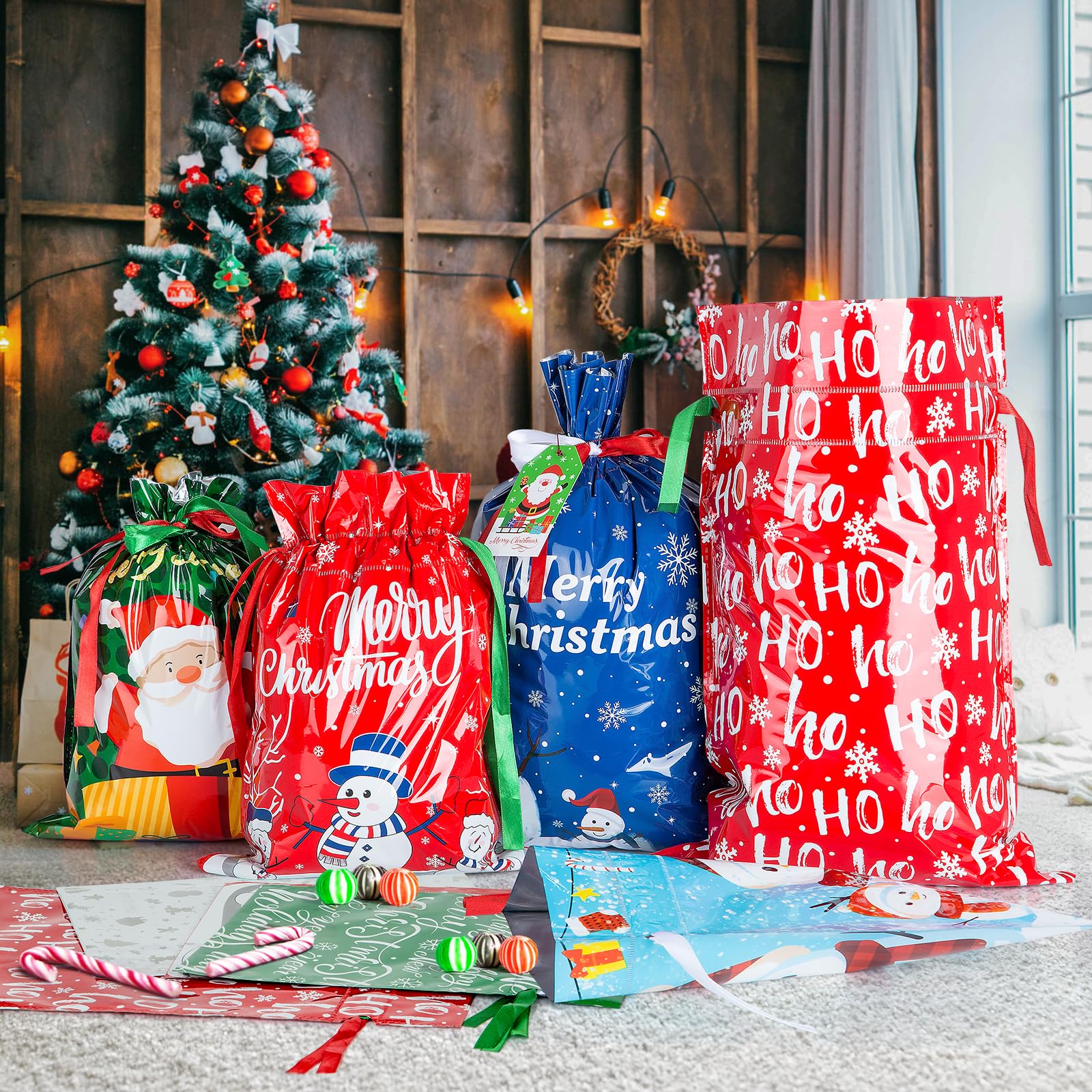 |10 Seconds Wrapping Gift | 38 sacchetti regalo natalizi con coulisse, di dimensioni assortite, S, M, L, Jumbo, sacchetti regalo per le vacanze con coulisse colorata per bomboniere di Natale,