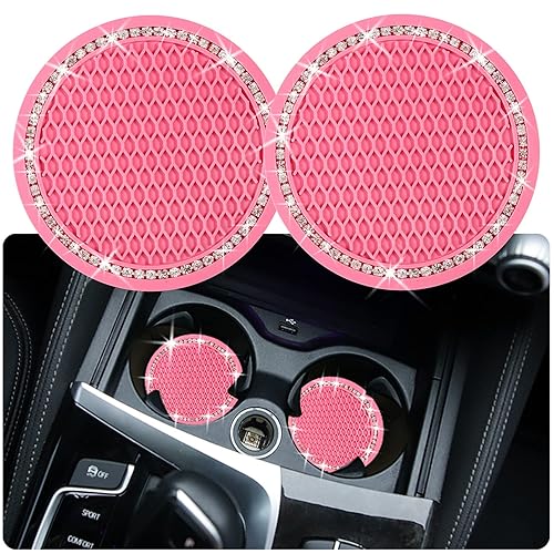 2PCS Bling Car Cup Coaster, 2.75 Inch Auto Cup Holder Insert Coasters Silicone Anti-Slip Crystal Rhinestone Drink Mat, Universal Vehicle Interior Accessories for Women Girls (Pink) - Pink - 2pack