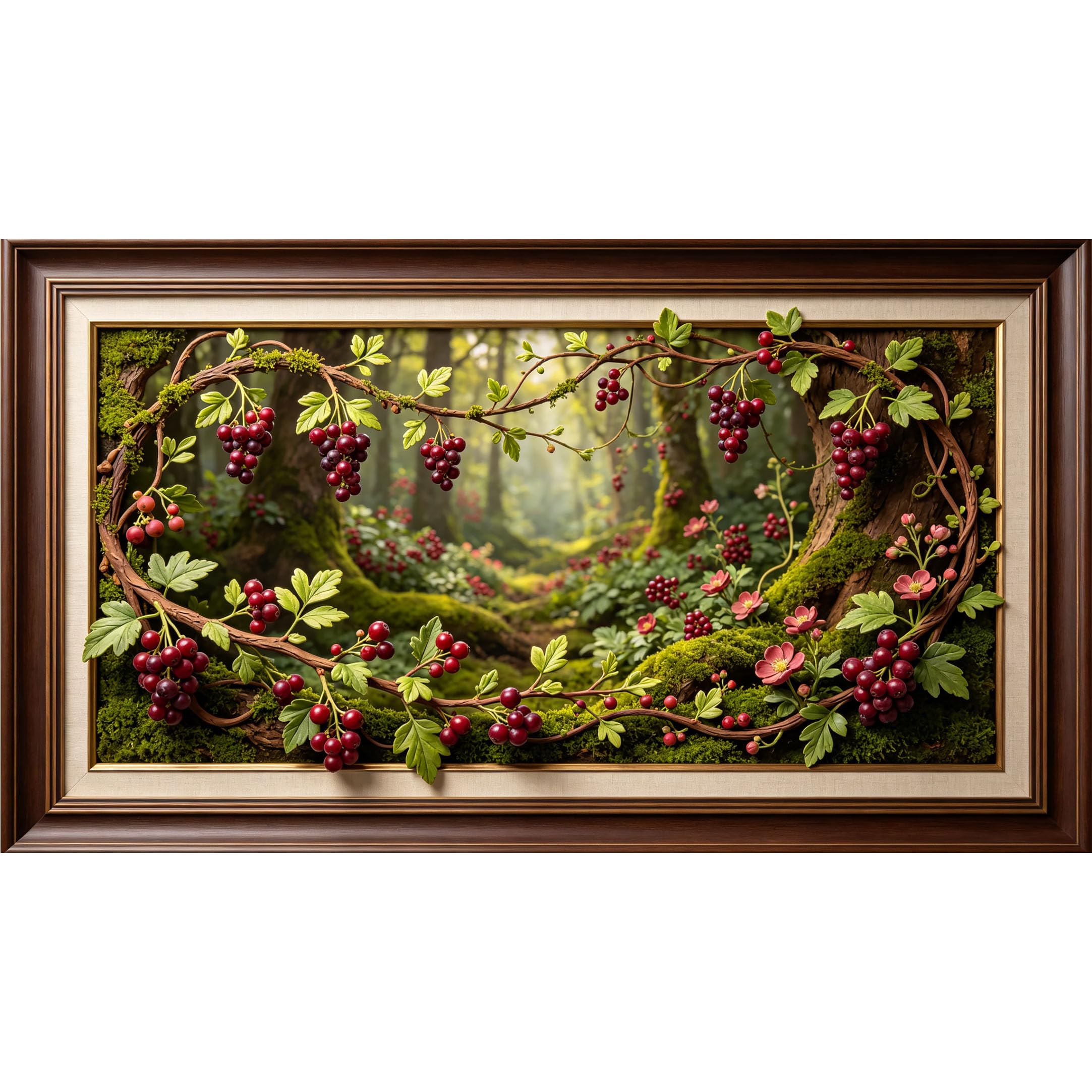 QZLITHOTIC 50×90cm3D Framed Wall Art， Botanical Forest Berries Vines SelfActivated Mural， WaterActivated Peel & Stick Fabric Decor Wall Decal for Bedroom Living Room