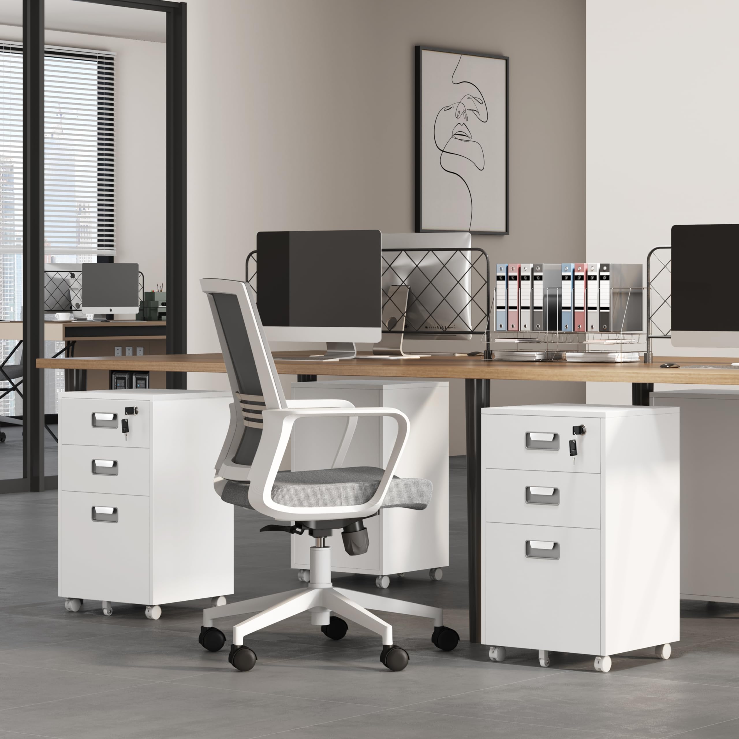 Yaheetech Cajonera de Oficina con Ruedas Gabinete de Oficina con 3 Cajones y Cerradura 40x40x66,5cm Armario Archivador Carpeta de Gran Capacidad para Carta y Archivos A4 Blanco
