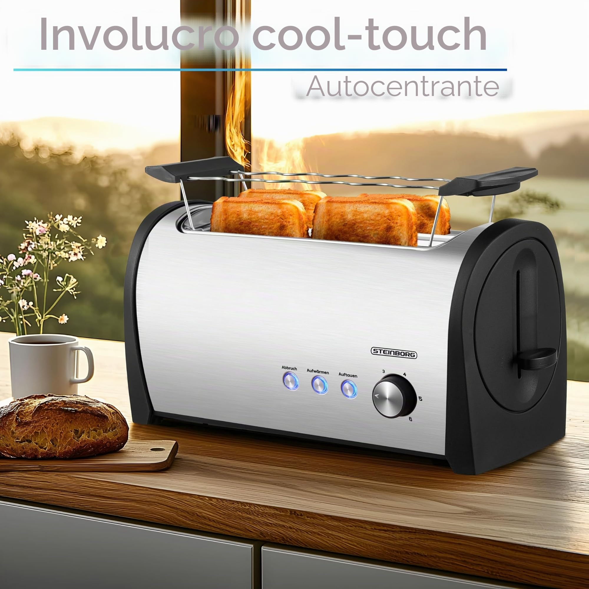 Steinborg Tostapane a 4 fette con inserto per panino, XXL, in acciaio inox, blu, illuminazione a LED, spegnimento automatico, tostapane doppio, tostapane per famiglie