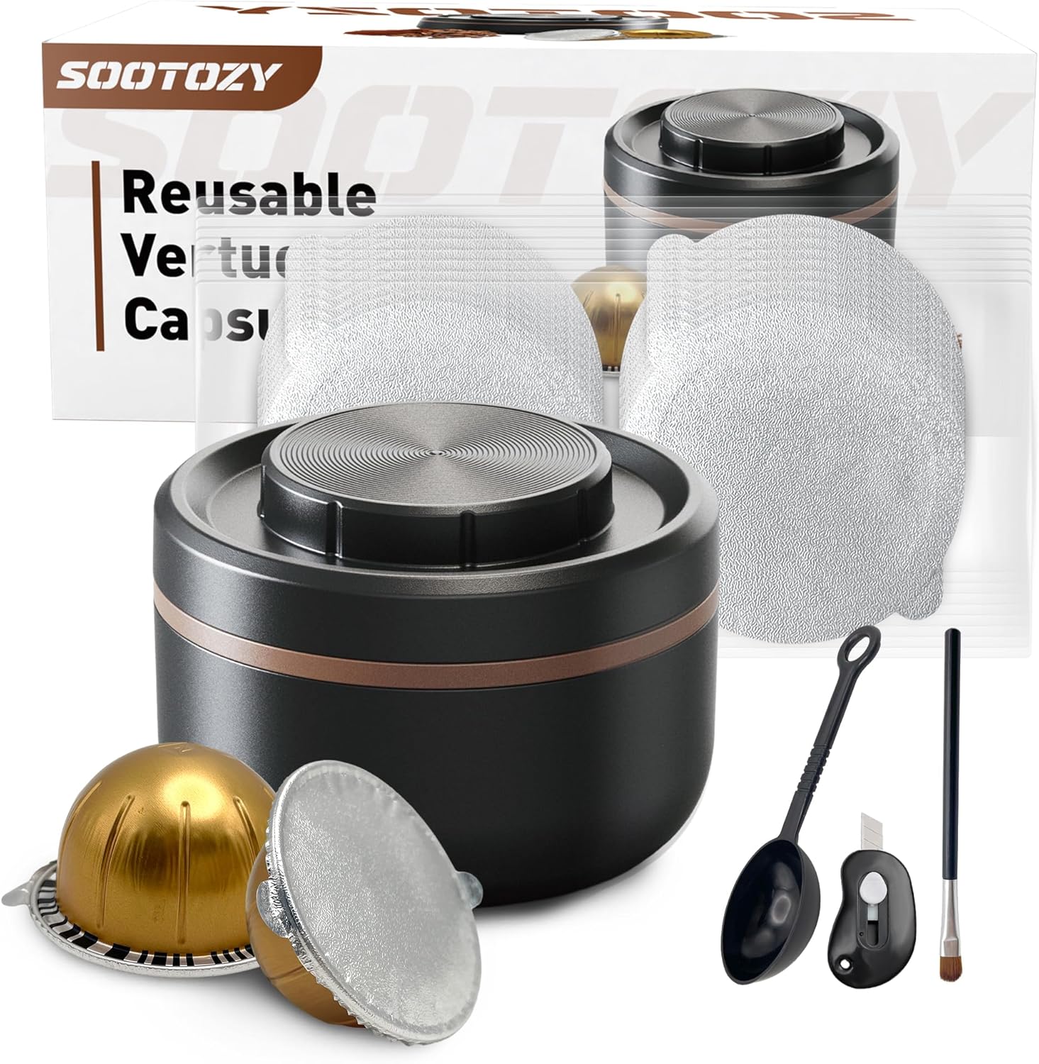 Reusable Coffee Pods Kit for Nespresso Vertuo – 100 Refillable Aluminum Foil Seals for VertuoLine, Eco-Friendly, Compatible with VertuoPlus Espresso Machine (Pods Not Included)(Black)