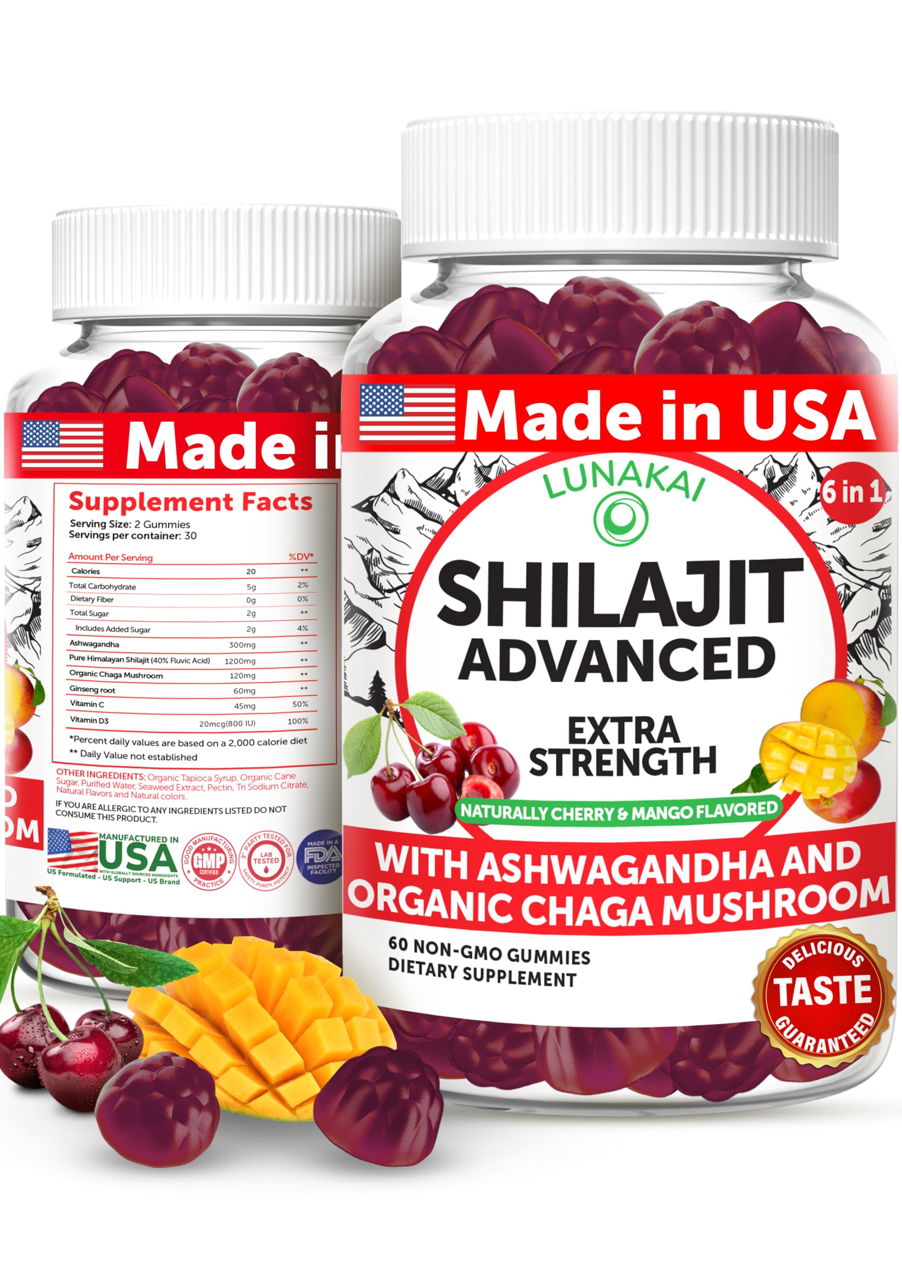 Lunakai USA Made 1200mg Pure Himalayan Shilajit Gummies for Men & Women with Ashwagandha & Chaga – Supplement for Daily Energy & Vitality Support, 60ct