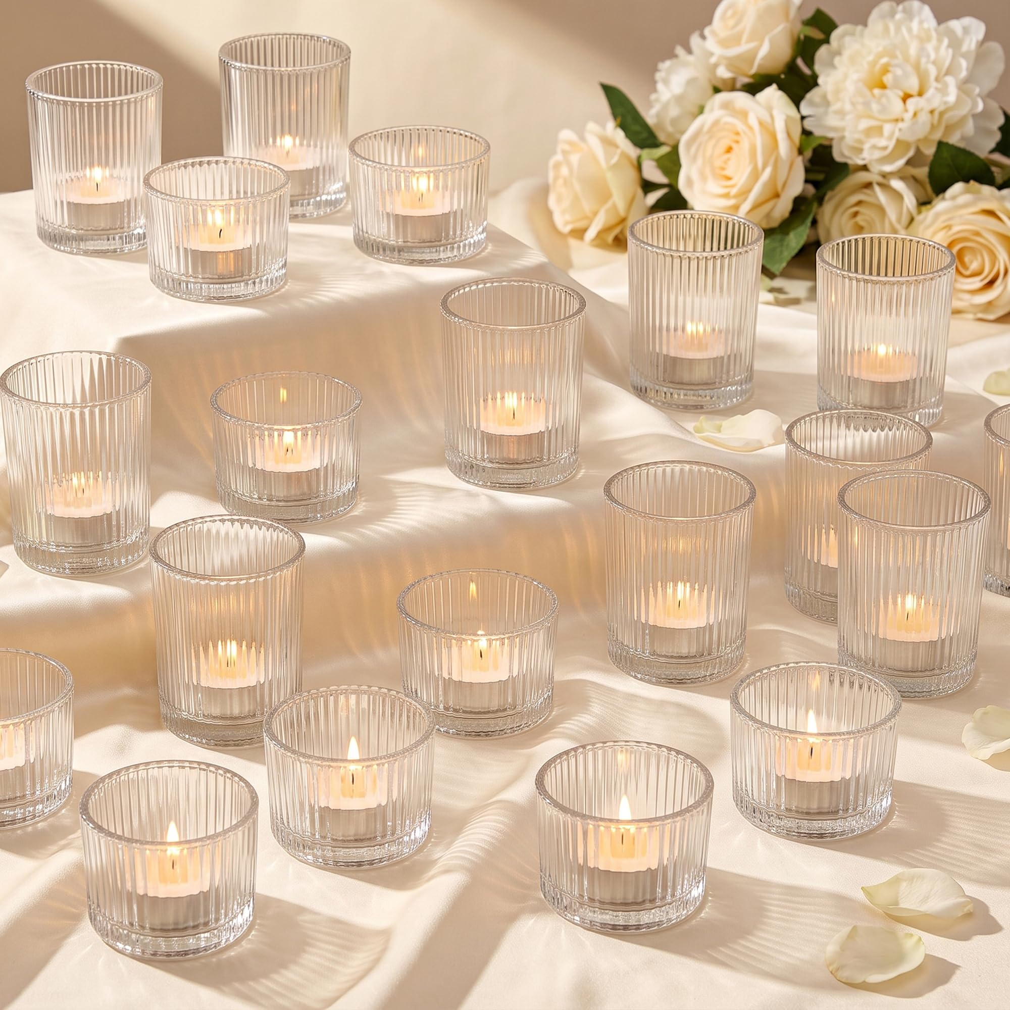 24 Pack Ribbed Clear Glass Votive Candle Holders