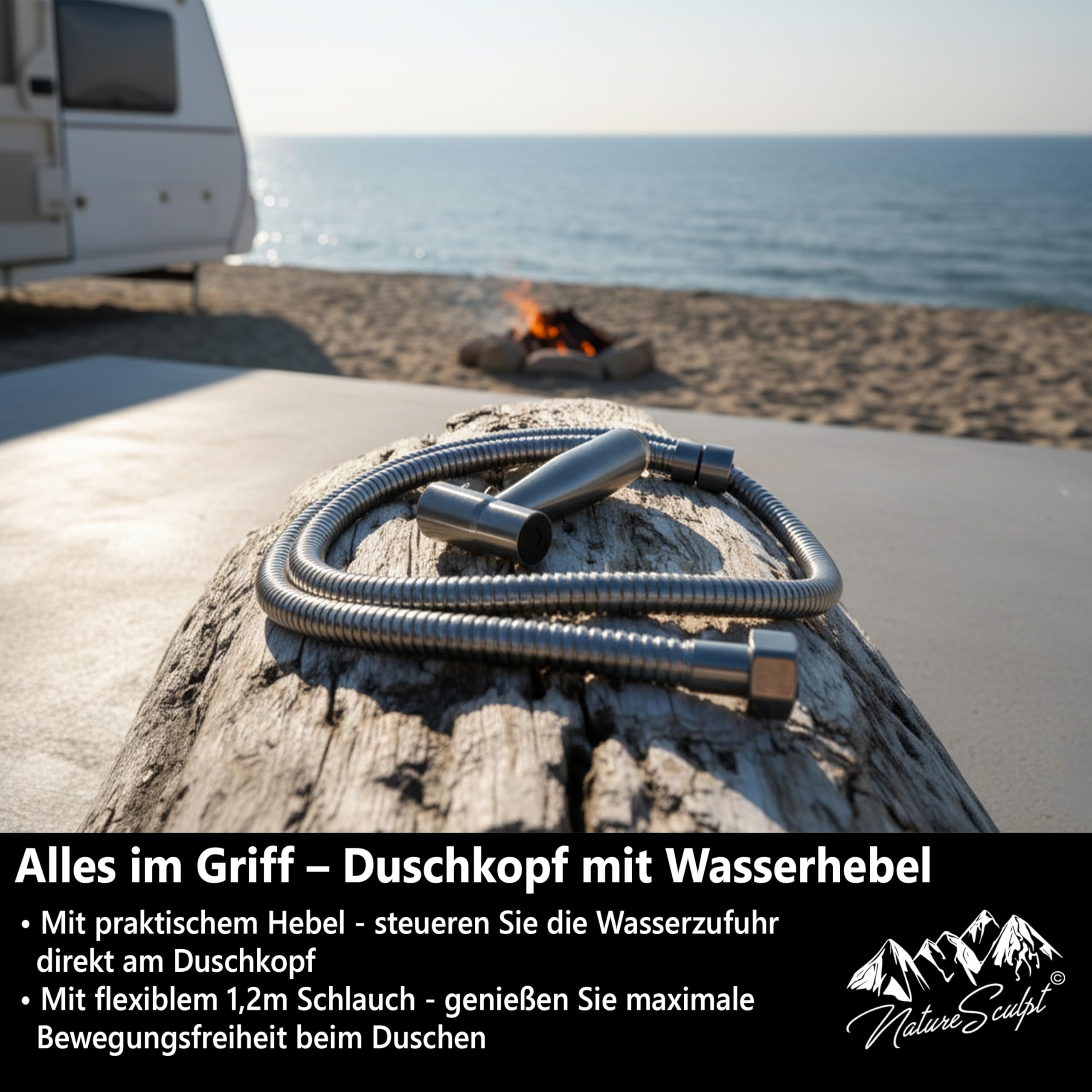 Pommeau de douche mobile pour camping en acier inoxydable, alimentation en eau réglable, tuyau de 1,2 m, compact et idéal pour l'extérieur, vanlife et camping-car (chrome)