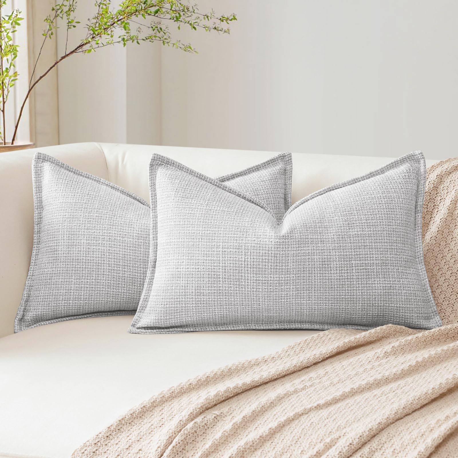 Pack of 2 Light Gray Decorative Cushion Covers 12x20 Inch Soft Linen Texture Couch Throw Pillows Farmhouse Pillow Covers with Elegant Design for Sofa Bedroom Living Room Home Decor 30 x 50 CM