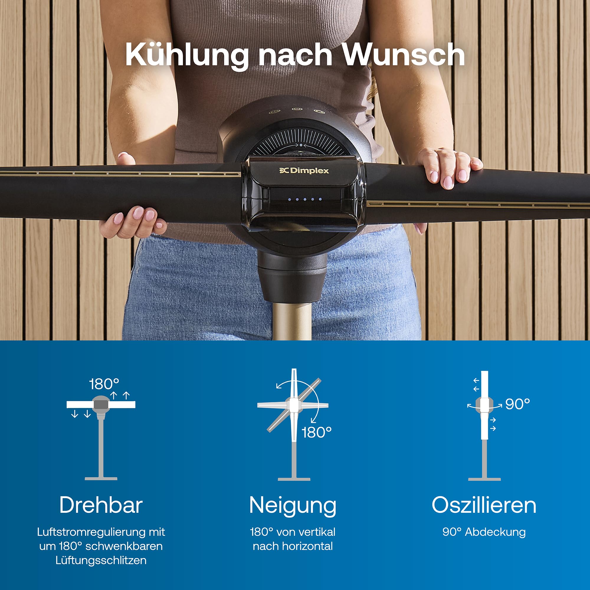 DIMPLEX FlexBlade Flügelloser Standventilator, Zwei-Wege-Kühlung 2×180°, Oszillierend 90°, 20m Reichweite, 36dB, Magnetische Fernbedienung, 5 Geschwindigkeitsstufen
