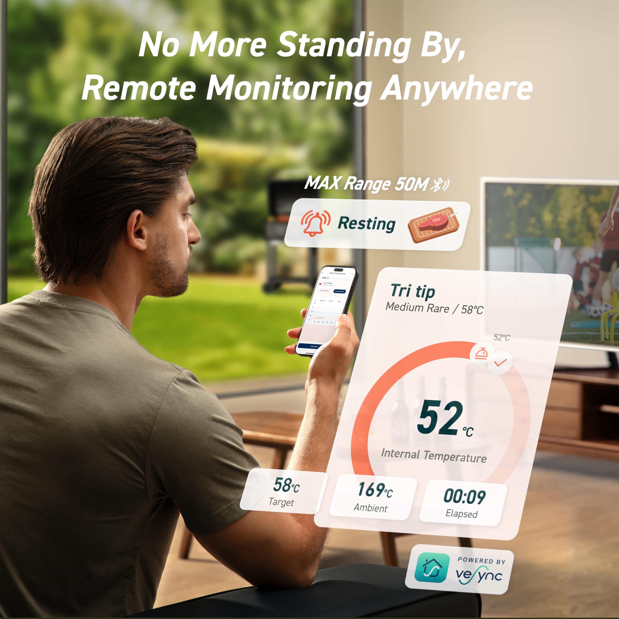COSORI Primo termometro intelligente per carne senza fili con portata di 50 m, perfetto per friggitrice ad aria calda Dual Blaze, termometro per arrosti per cucina e barbecue, lavabile in
