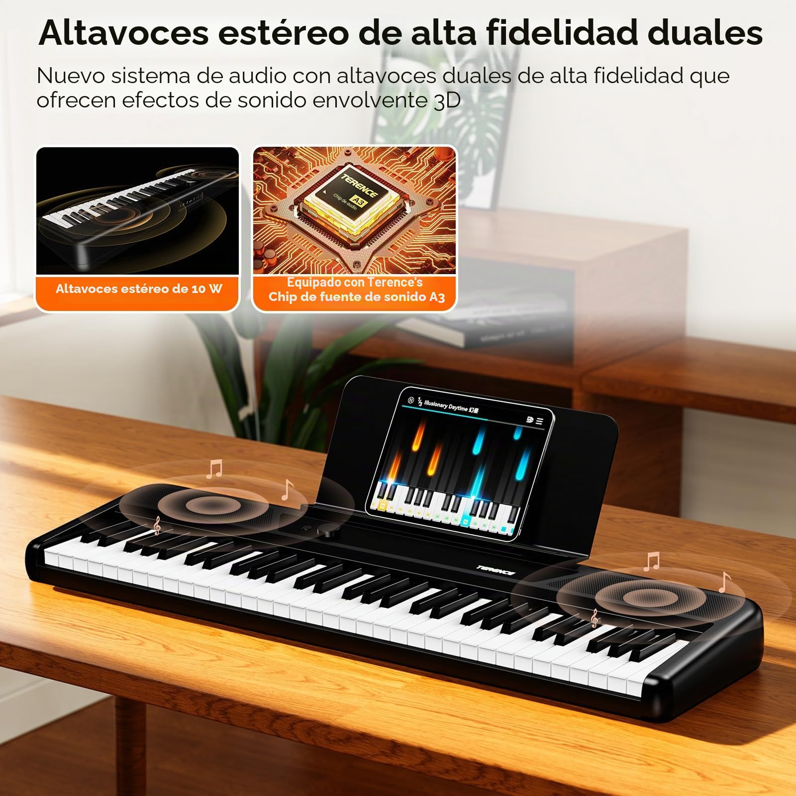 TERENCE - Piano electrónico de 61 teclas con soporte, 2 altavoces de 5 W, respuesta táctil, ideal para principiantes y adultos, portátil, MIDI, 128 sonidos