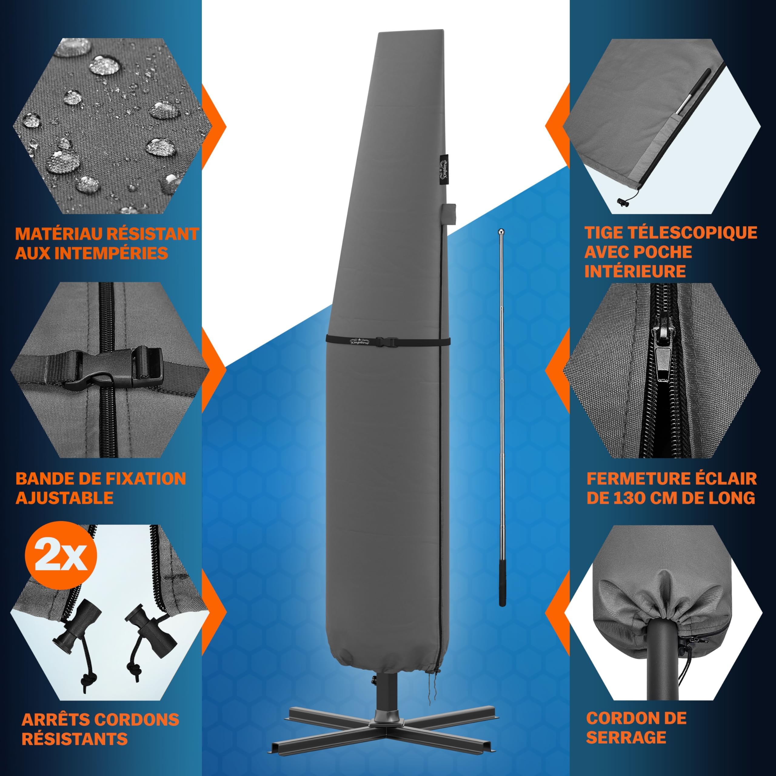 Housse de parasol télescopique Ø350cm résistante aux intempéries bâche de protection universelle gris