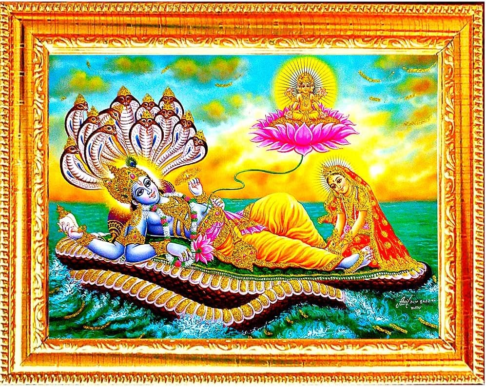 Abi Groups lord vishnu with goddess laxmi with seshang gold colour Matte Finish wooden god photo frame(13 * 10 inches,multicolour)
