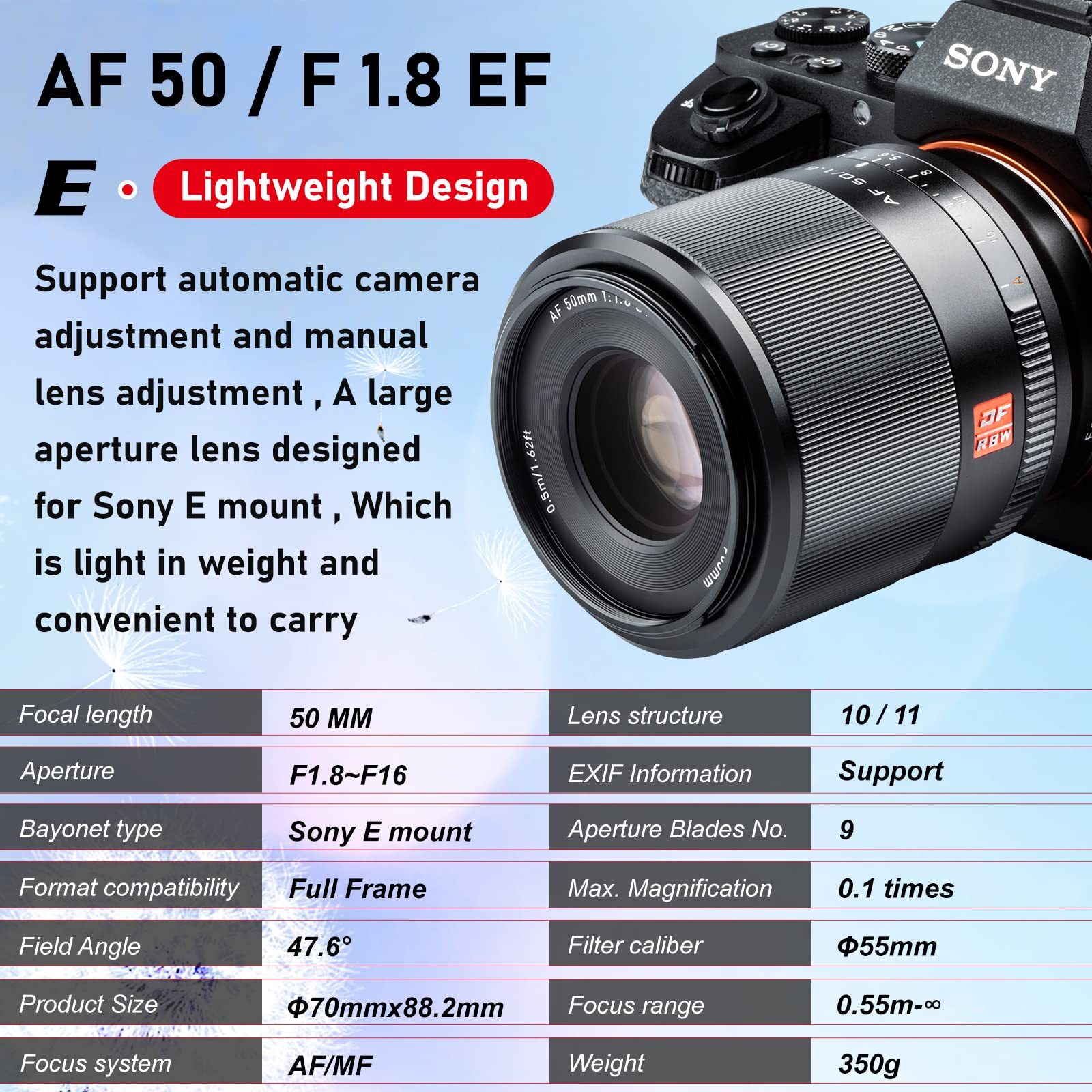 VILTROX 50mm F1.8 II Objetivo Montura E para Sony a7SIII a7III a7RIV a7RIII a9 a7(STM, Full Frame, Enfoque automático) Negro