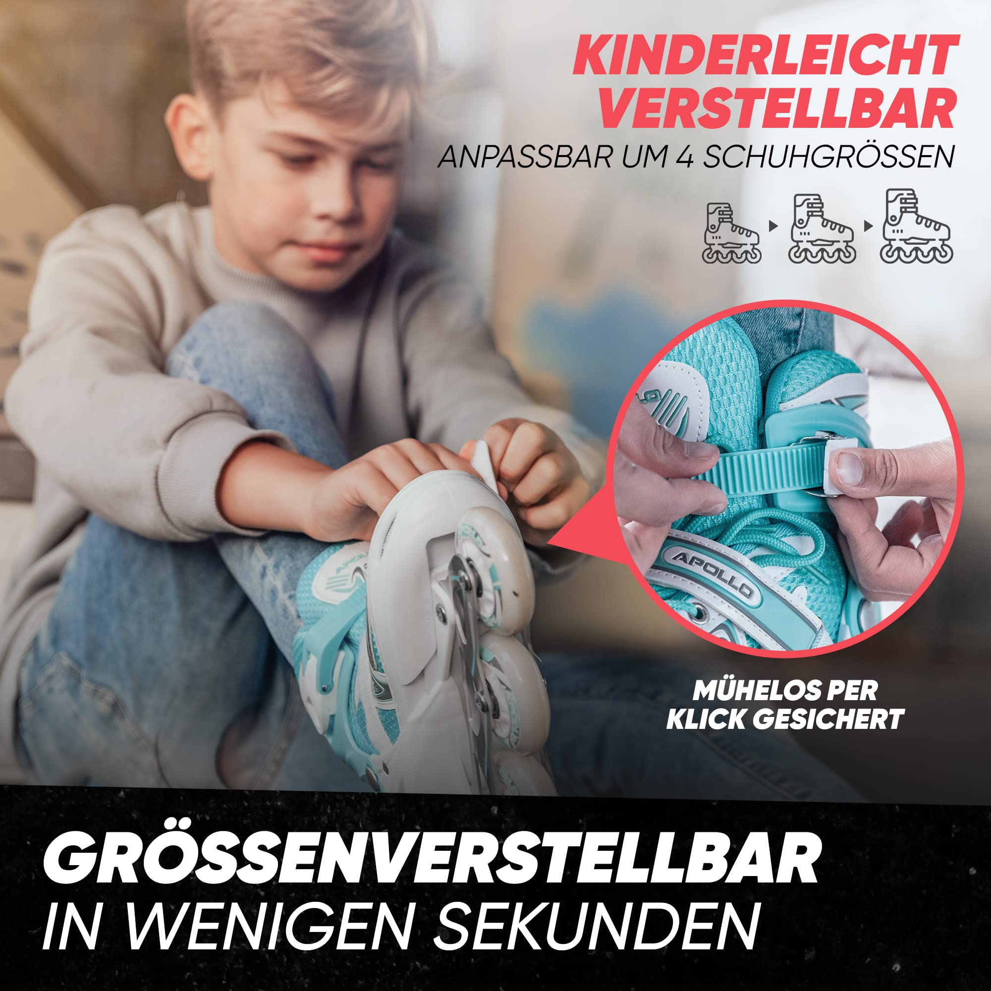 Apollo Super Blades, größenverstellbare Inline Skates für Damen und Kinder, Inliner für Erwachsene, Mädchen und Jungen in den Größen 31–42, LED Inline-Skates