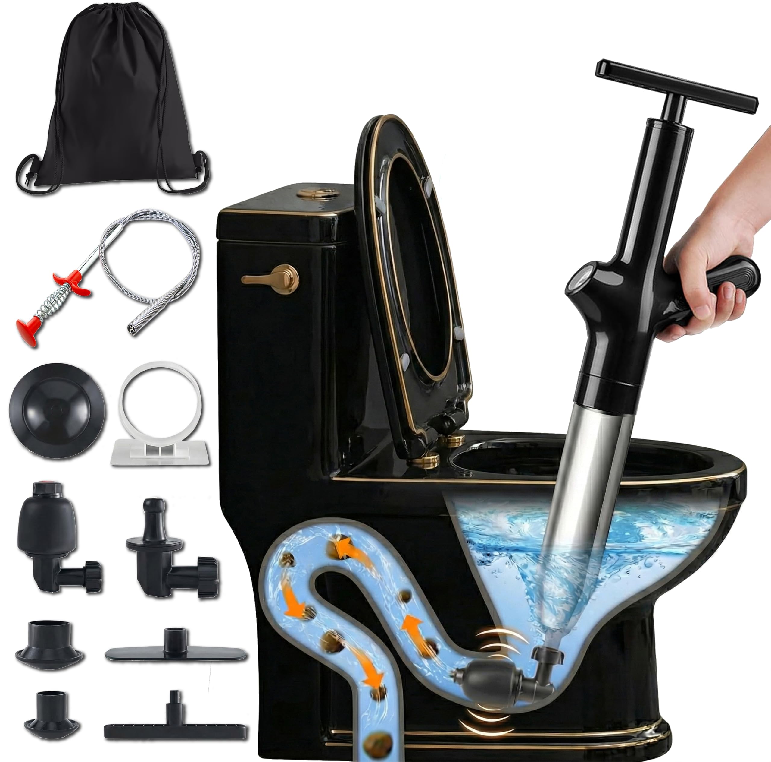 AURTOOLS Desatascador tuberías profesional y pistola desatascador tuberías – con manómetro, 4 boquillas y alambre para tuberías, mochila incluida, alta presión para fregadero, lavabo, WC y ducha