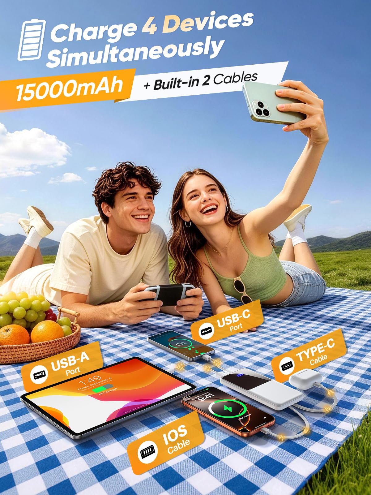 Cargador portátil de batería de 15000 mAh, cargador portátil para teléfono con cables integrados de 22,5 W, batería externa de carga rápida compatible con iPhone, Android, Samsung, esencial para