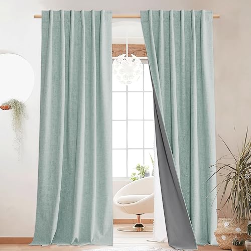 NICETOWN Seafoam Green Blackout Linen Curtains 95" Long, Rod Pocket Back Tab Full Light Blocking Drapes with White Thermal Insulated Liner for Nursery, Hall, Villa (2 Pieces, 52" Wide Each Panel)