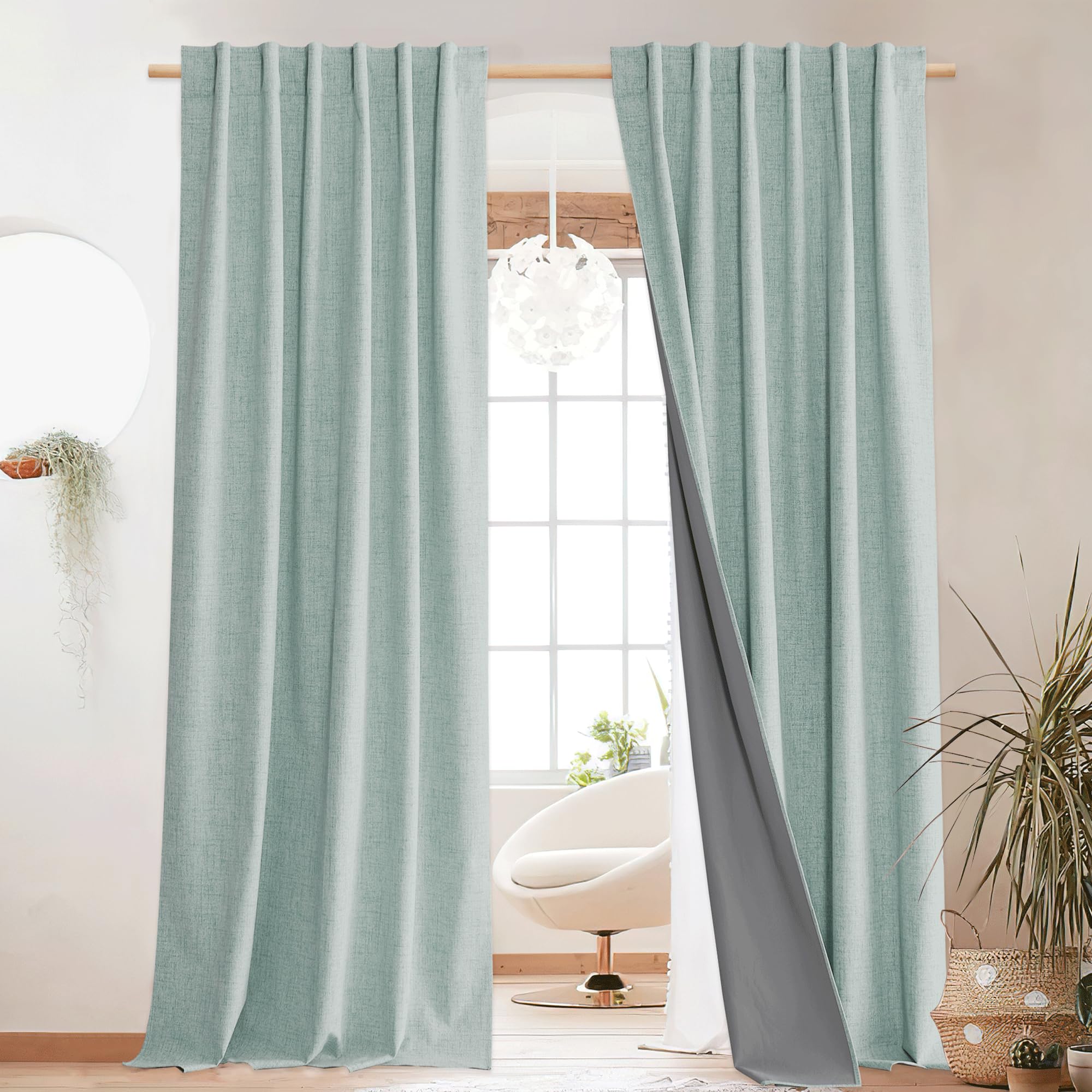 NICETOWN 100% Blackout Seafoam Green Linen Curtains 90" Length with Thermal Insulated Liners, Farmhouse Style Room Cooling Small Window Draperies for Dining Room (2 Panels, 52" W)