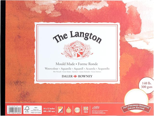 Daler-Rowney The Langton Hot-Pressed 300gsm 16 x12in Watercolour Paper Pad, Glued 1 Side, 12 Natural White Sheets, Ideal for Professional Artists