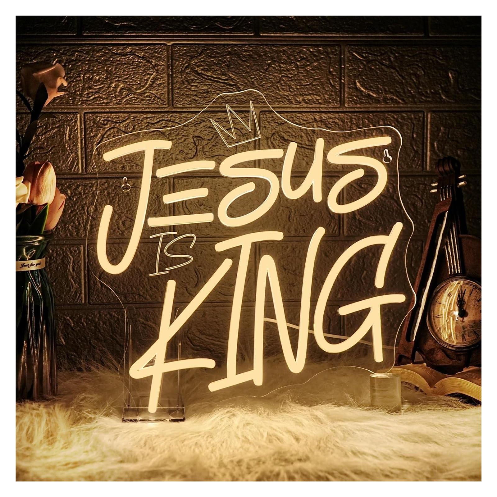 Shouxi One Color Sign Lamp Jesus Is King Neon Sign Light Dimmable Or Bedroom Easter Church Events Party Wall Hanging Decor 32Cmx33cm