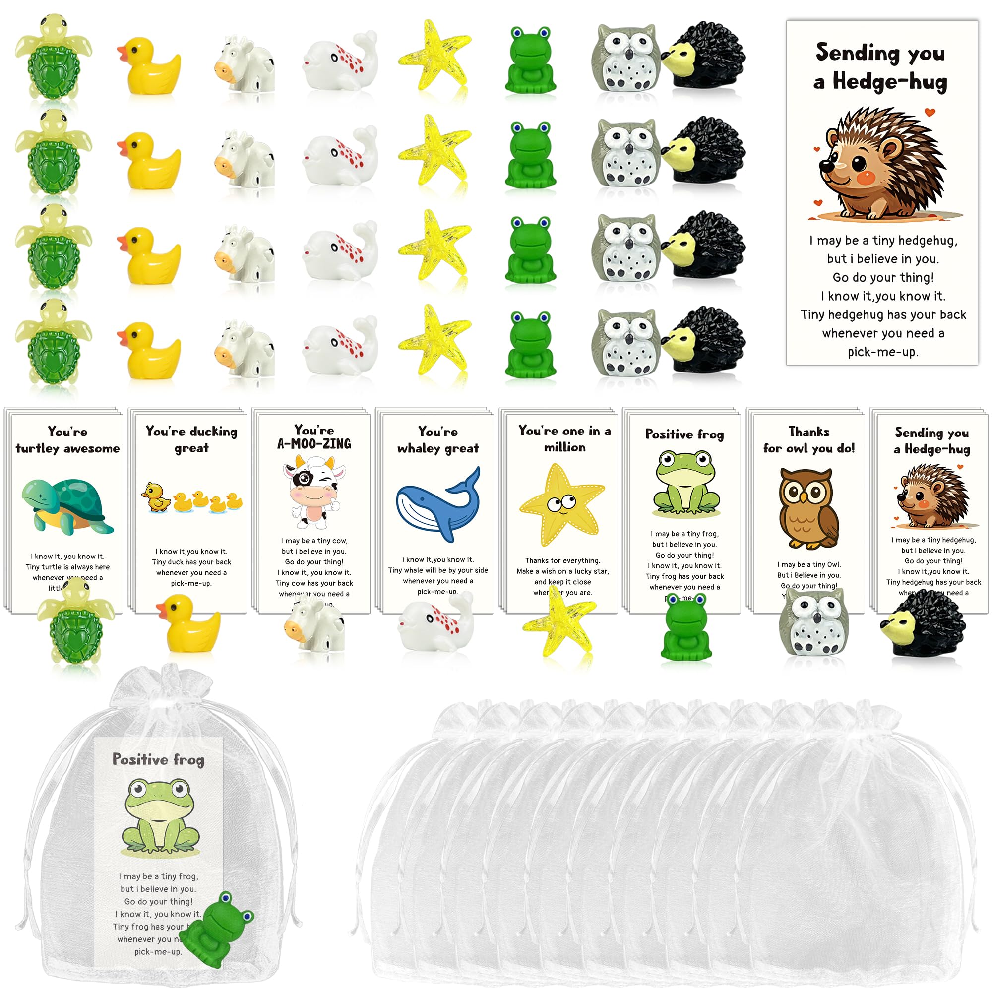 32 Set Employee Appreciation Gift Bulk 32 PCS Cards Organza Bags Funny Resin Animal Figures Hedgehog Cow Owl Duck Turtle Starfish Frog Whale for Coworkers Staff Office Favors 96 PCS