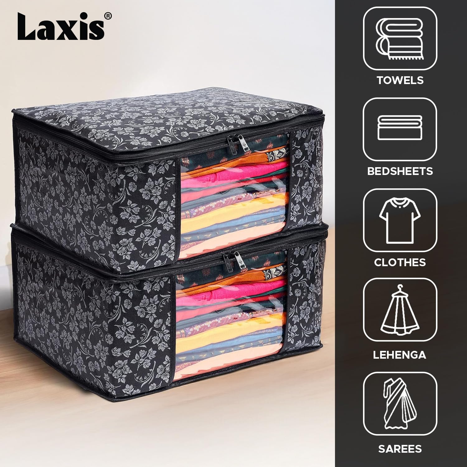 LAXIS® Saree Covers With Zip Non-Woven Printed Saree Cover/Saree Organizer For Wardrobe/Cloth Storage With Transparent Window/Saree Bags Storage/Clothes Organizer (Black- Pack of 3) 4