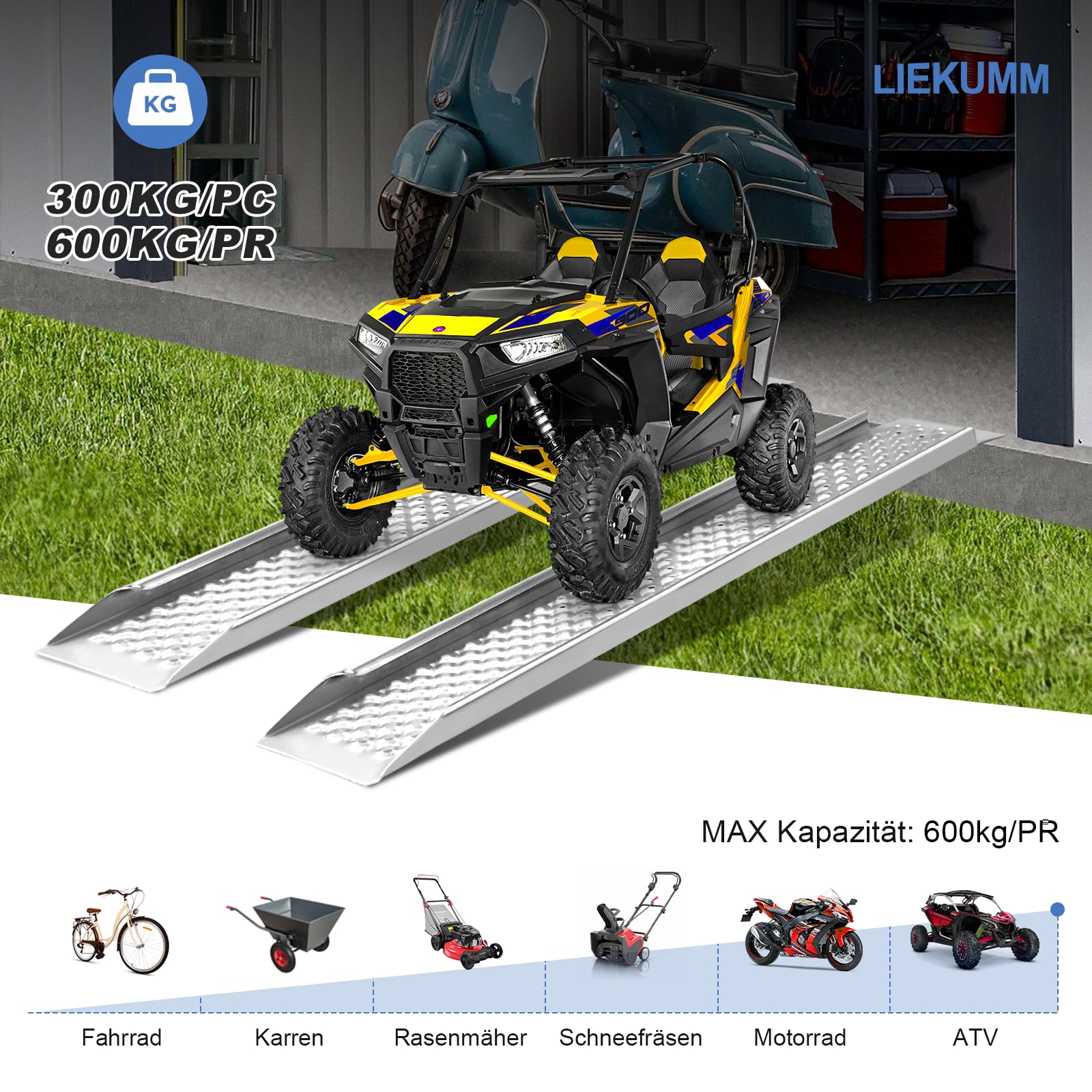LIEKUMM 2 x rampa najazdowa aluminiowa, nośność 600 kg, 150 x 21,5 cm, rampa najazdowa do przyczep, motocykla, rampa najazdowa do samochodów osobowych, przyczep, lekka szyna załadunkowa do schodów